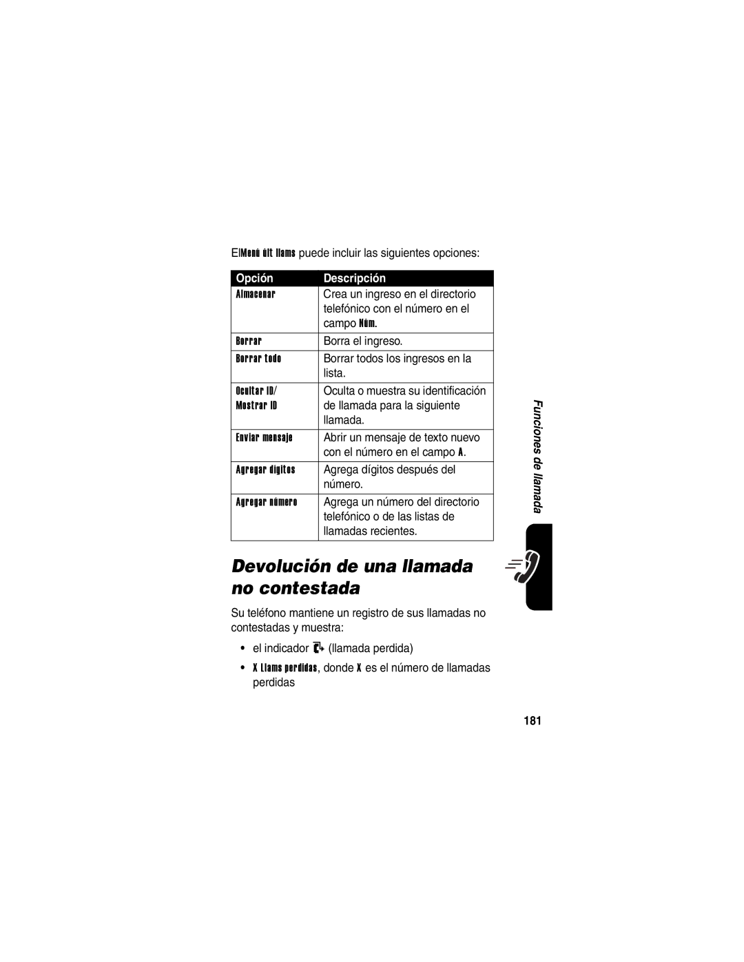 Motorola V710 manual Devolución de una llamada no contestada, 181 