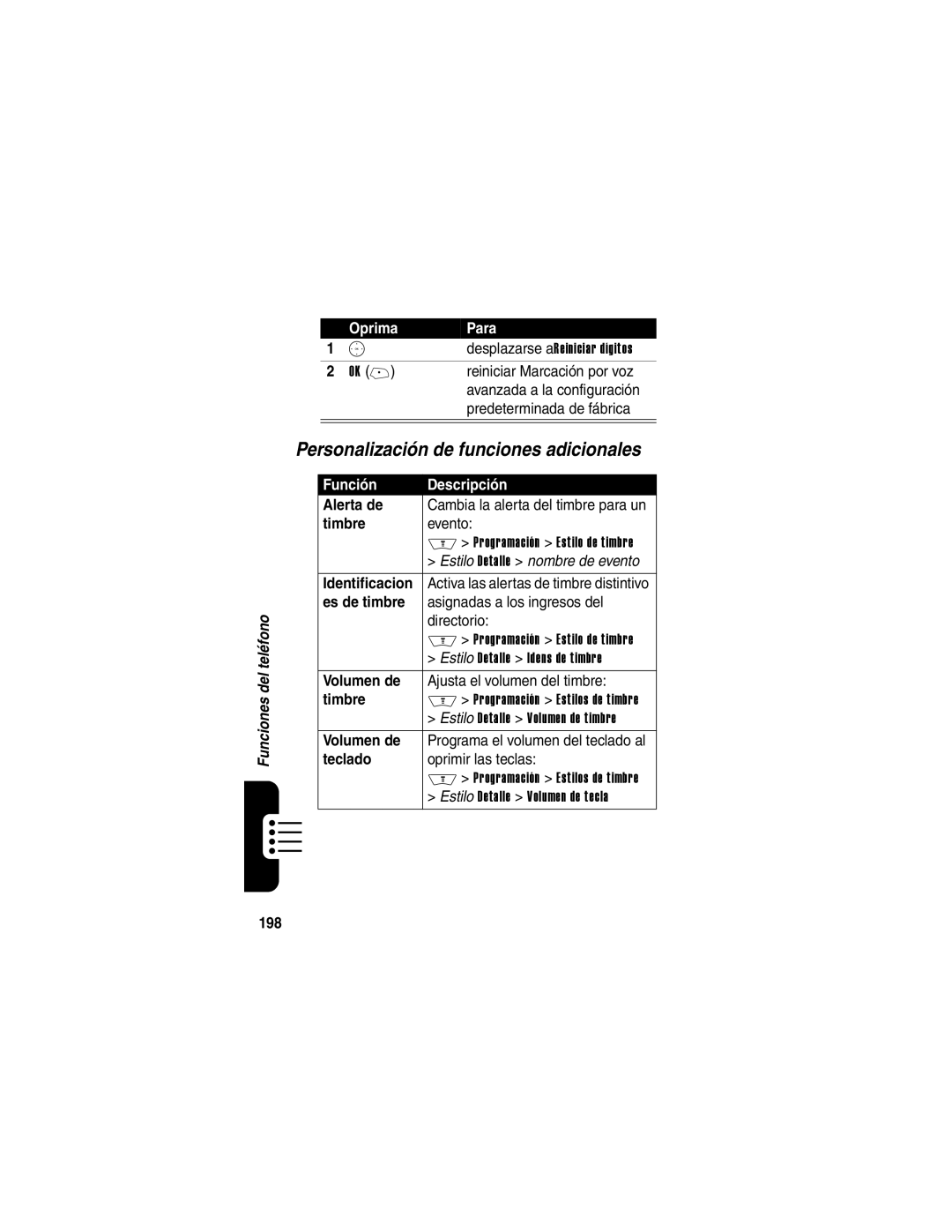 Motorola V710 manual Personalización de funciones adicionales 