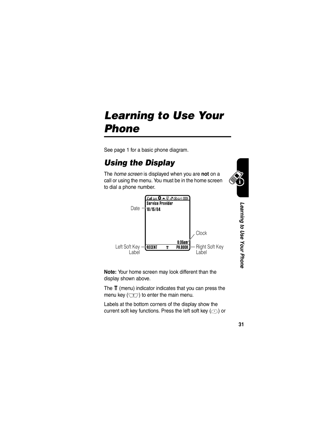 Motorola V710 manual Learning to Use Your Phone, Using the Display, See page 1 for a basic phone diagram, Clock 