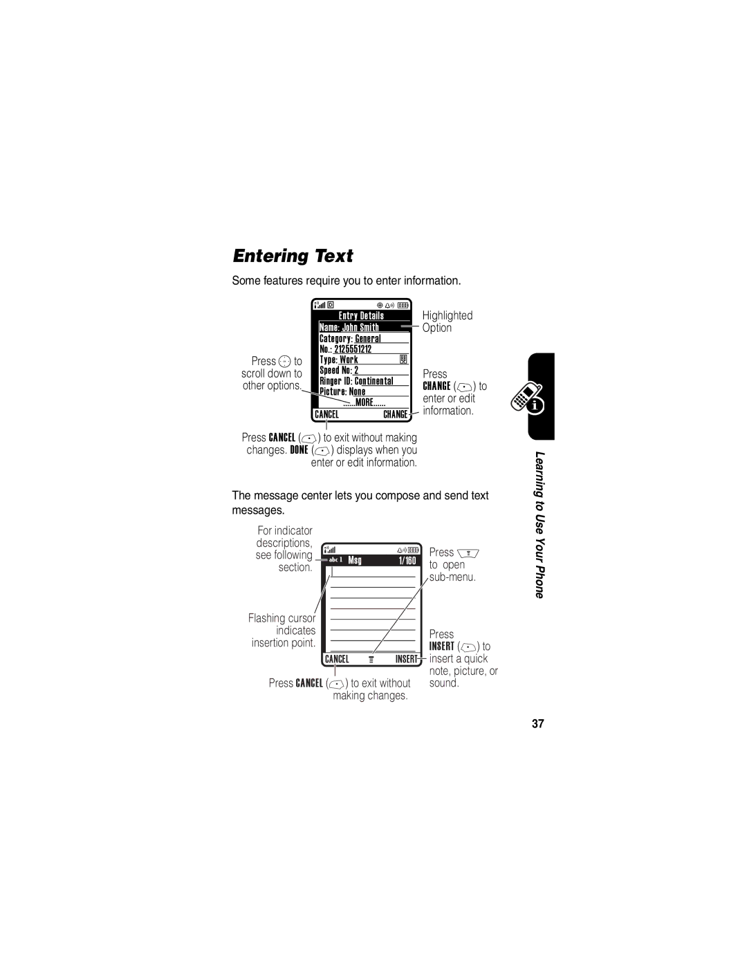 Motorola V710 manual Entering Text, Some features require you to enter information, Sound 