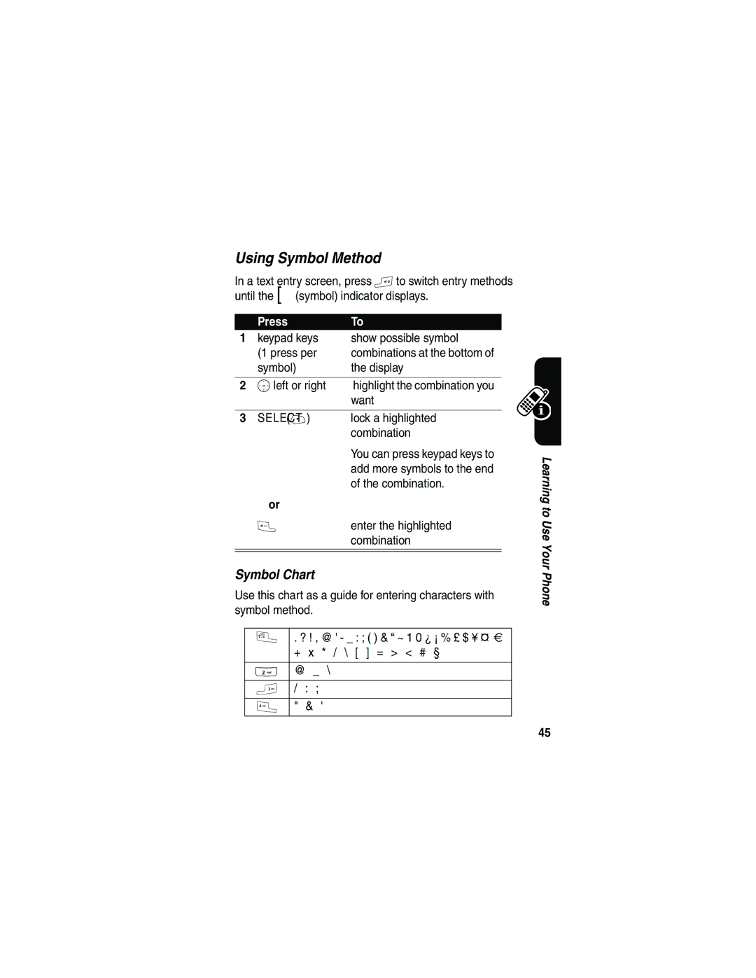 Motorola V710 Using Symbol Method, Symbol Chart, Keypad keys Show possible symbol Press per, Symbol Display Sleft or right 