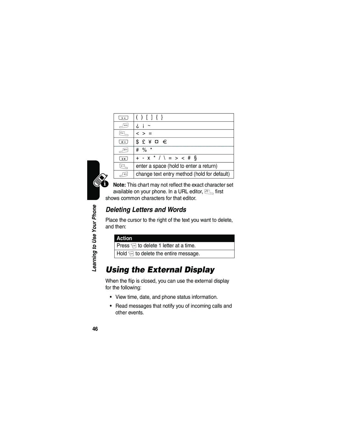 Motorola V710 manual Using the External Display, Deleting Letters and Words, ¿ ¡ ~ $ £ ¥ # % + x * / \ = # § 