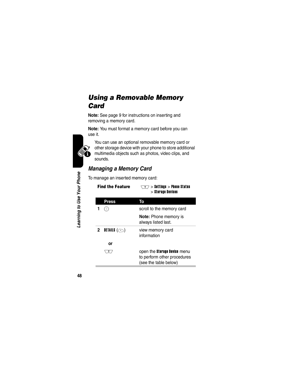 Motorola V710 manual Using a Removable Memory Card, Managing a Memory Card 