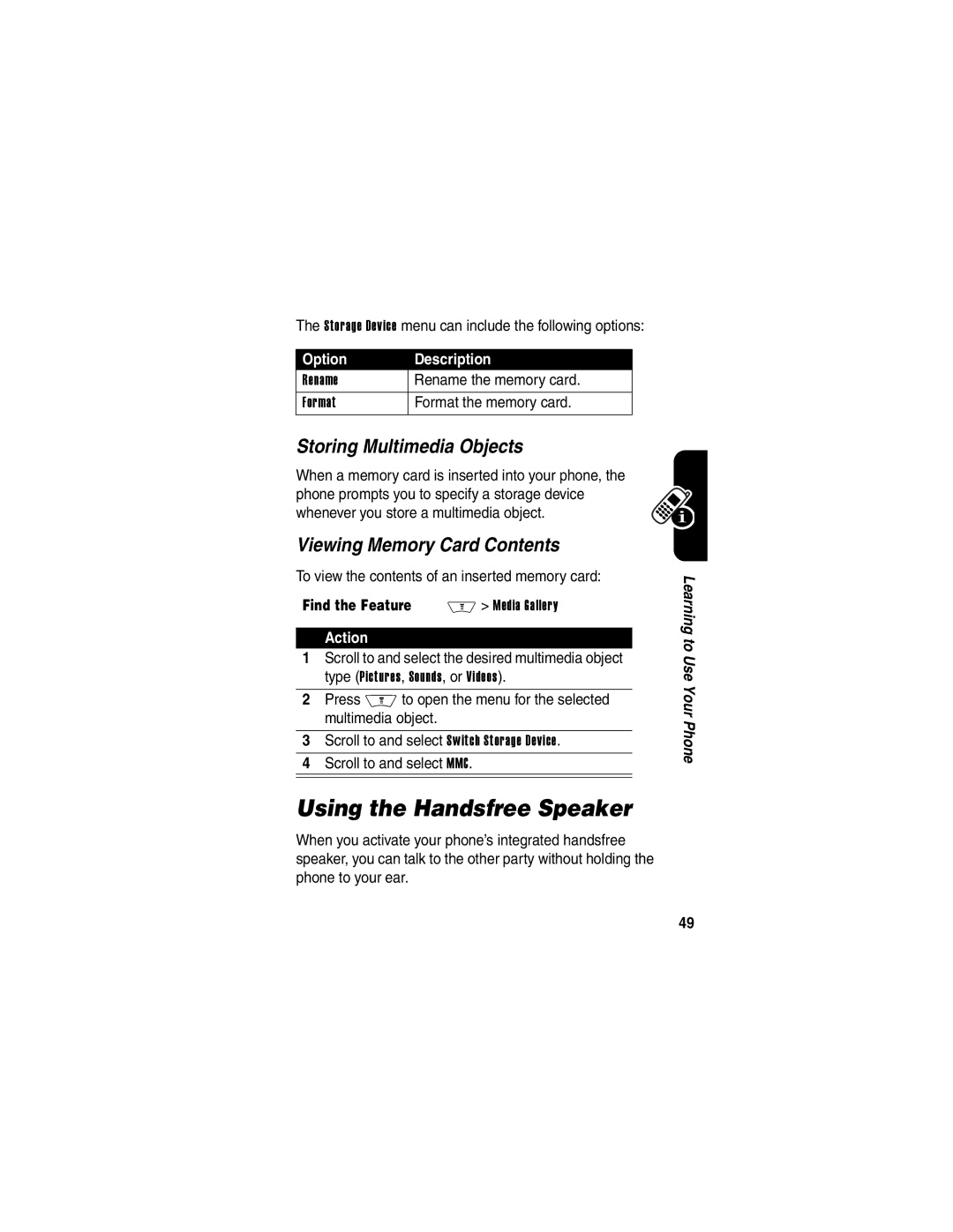 Motorola V710 manual Using the Handsfree Speaker, Storing Multimedia Objects, Viewing Memory Card Contents 