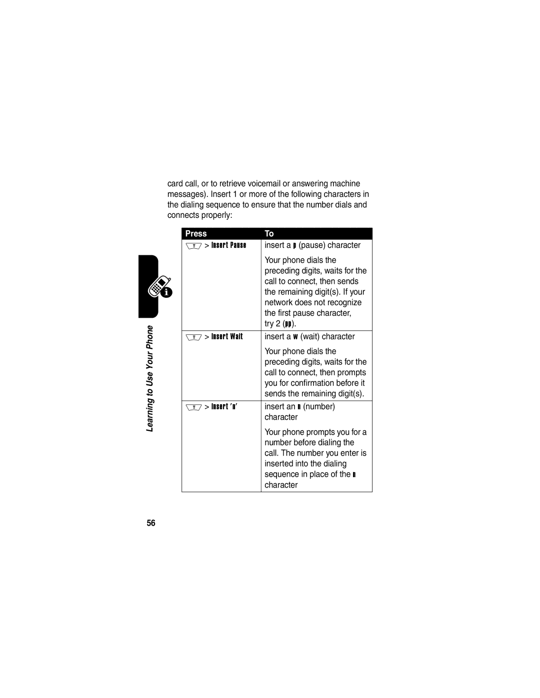 Motorola V710 manual Insert a p pause character, Your phone dials, Call to connect, then sends, Network does not recognize 