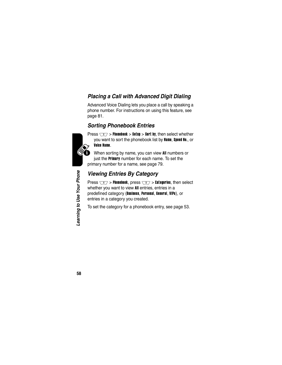 Motorola V710 manual Placing a Call with Advanced Digit Dialing, Sorting Phonebook Entries, Viewing Entries By Category 