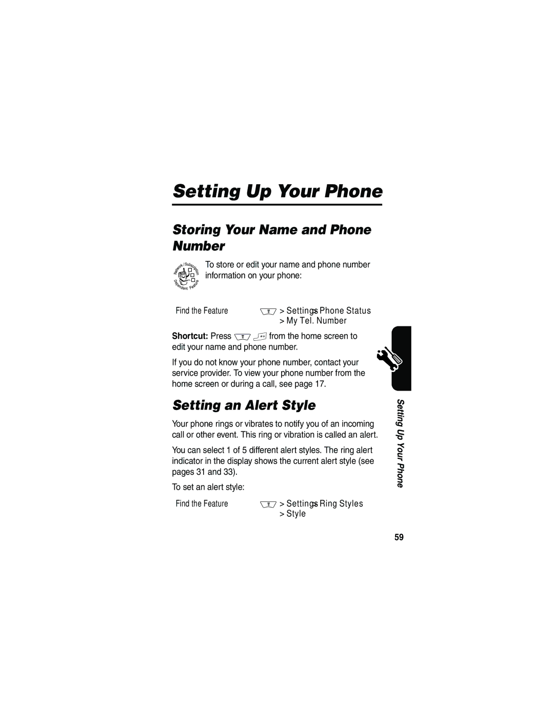 Motorola V710 manual Setting Up Your Phone, Storing Your Name and Phone Number, Setting an Alert Style 