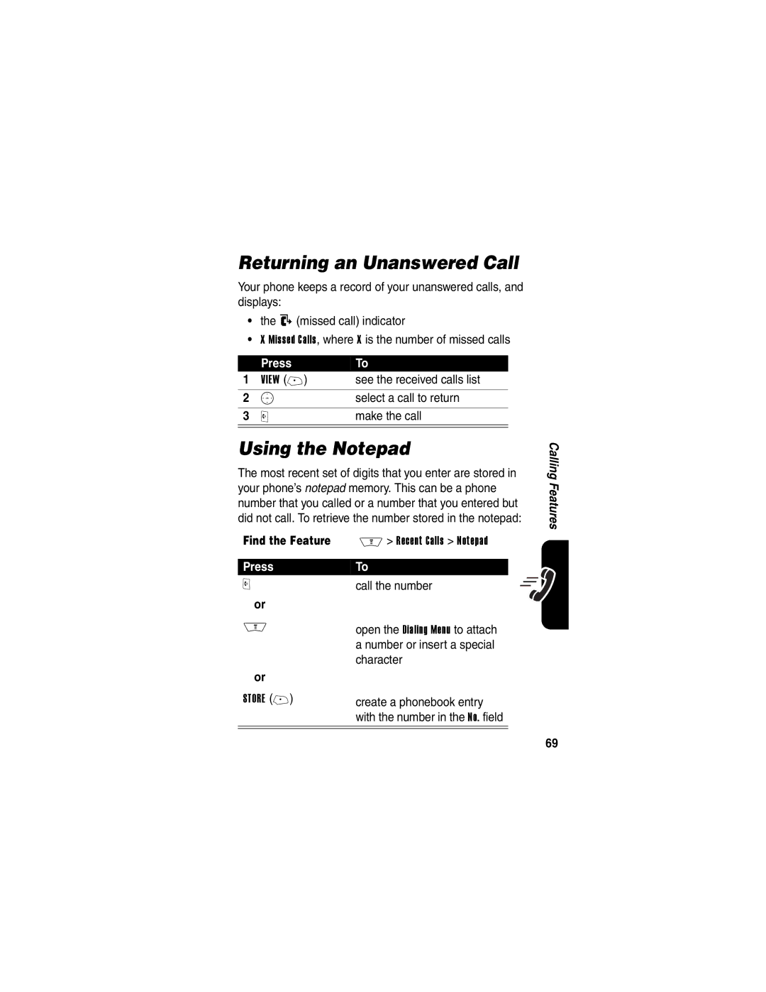 Motorola V710 manual Returning an Unanswered Call, Using the Notepad, Call the number 