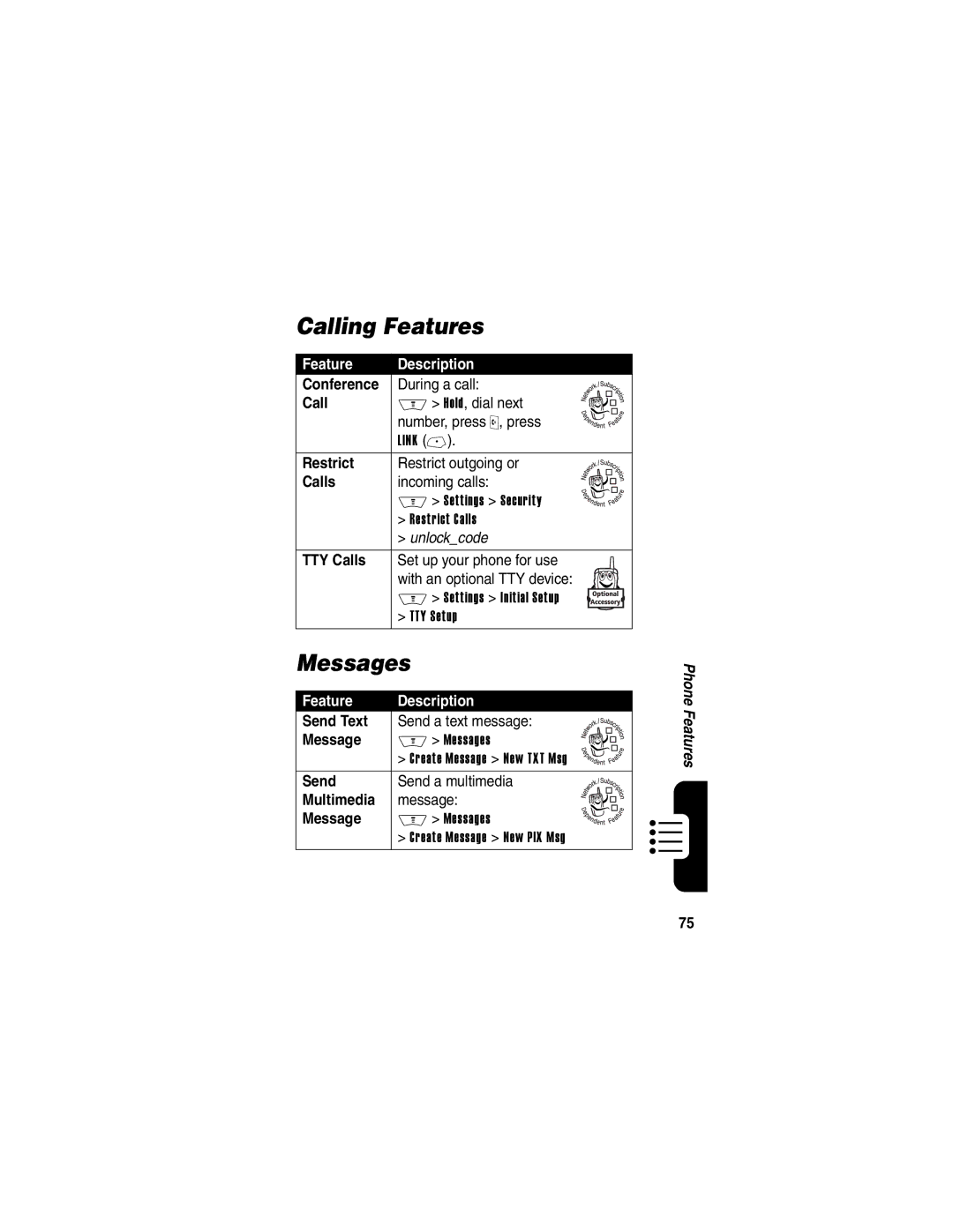 Motorola V710 manual Calling Features, Messages 