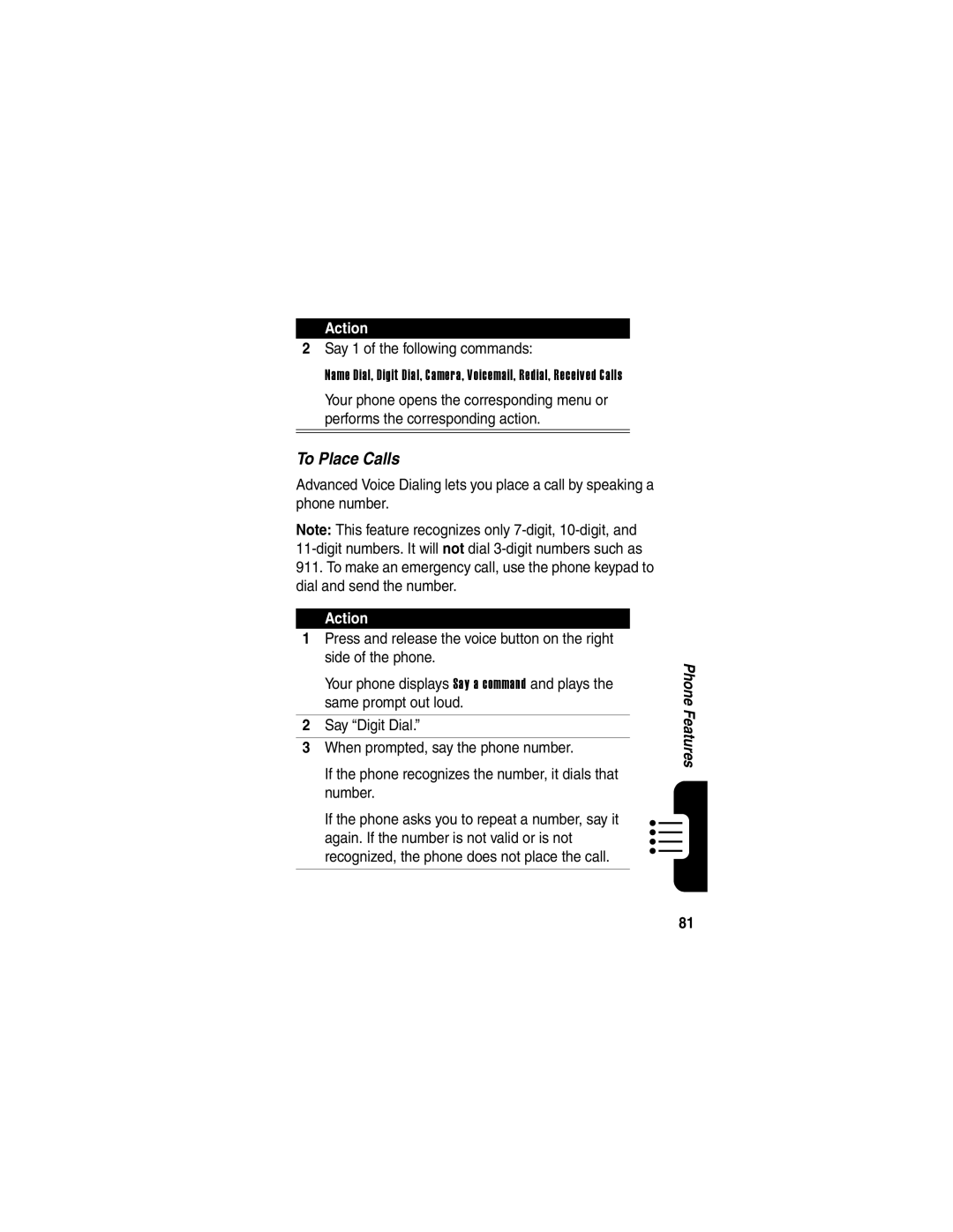 Motorola V710 manual To Place Calls, Say 1 of the following commands 