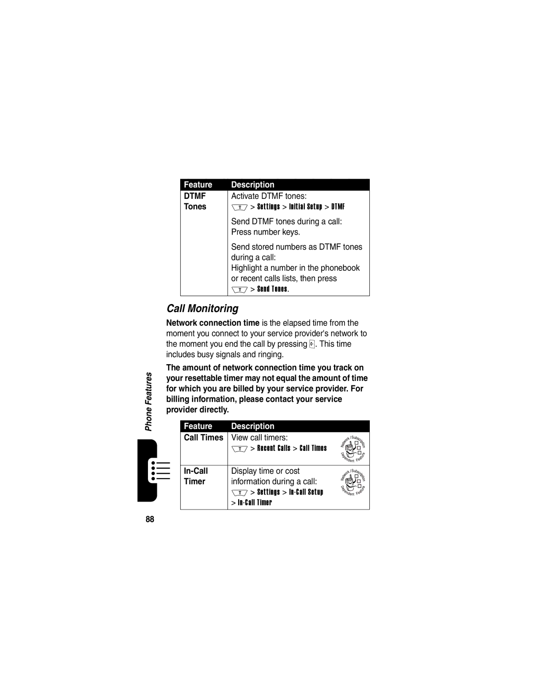 Motorola V710 manual Call Monitoring, Tones, Call Times, In-Call, Timer 