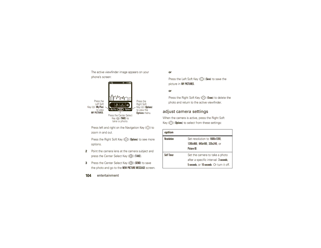 Motorola V750 manual Adjust camera settings, Picture ID, Self Timer 