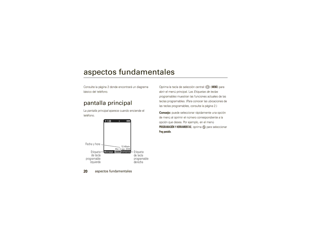 Motorola V750 manual Aspectos fundamentales, Pantalla principal, Prog pantalla 