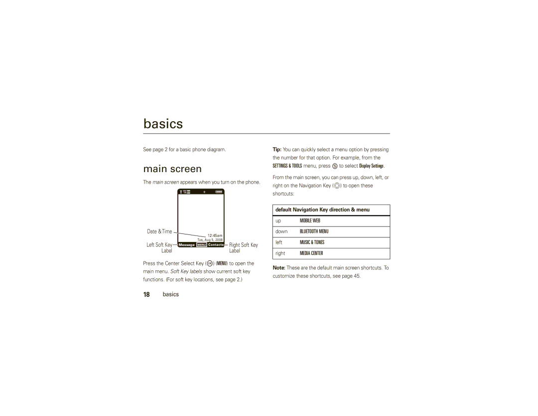 Motorola V750 manual Basics, Main screen, Default Navigation Key direction & menu 