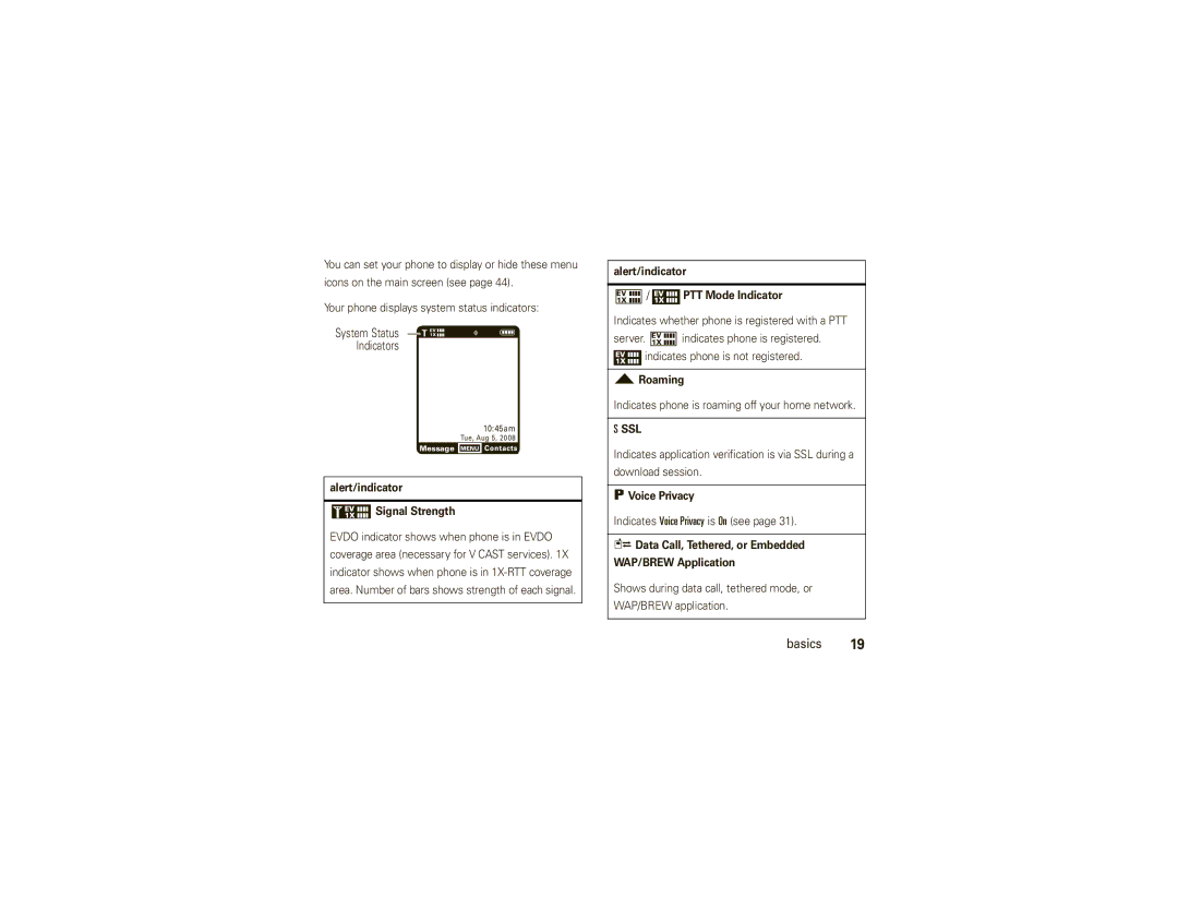 Motorola V750 manual Alert/indicator Signal Strength, Alert/indicator PTT Mode Indicator, Roaming, Voice Privacy 