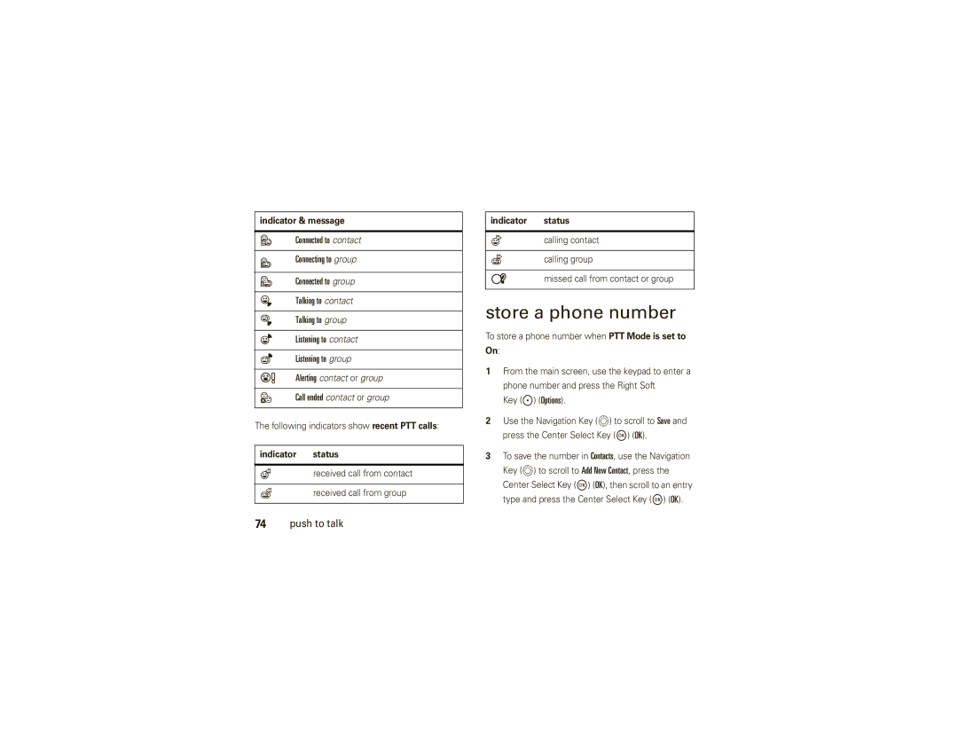 Motorola V750 manual Following indicators show recent PTT calls, Indicator status 