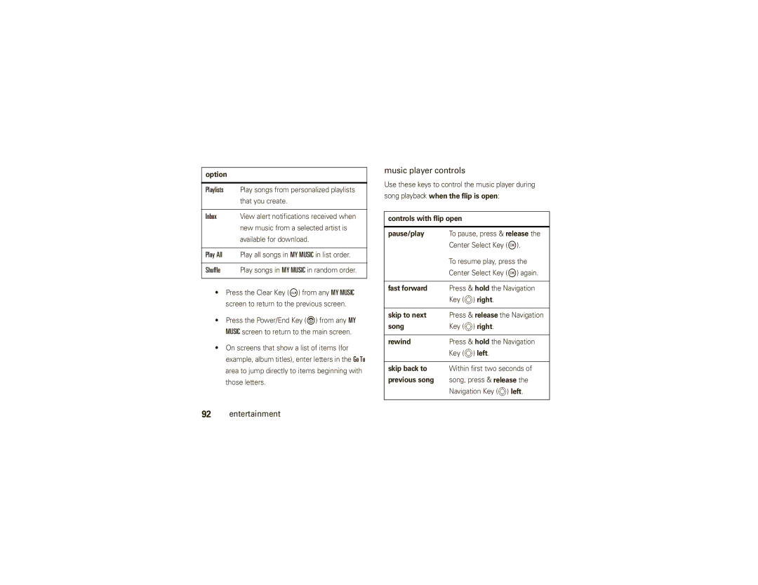 Motorola V750 manual Music player controls 