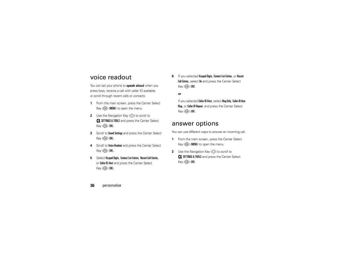 Motorola V750 manual Voice readout, Answer options 