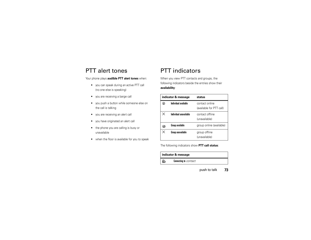 Motorola V750 PTT alert tones, PTT indicators, Group available, Group unavailable, Connecting to contact Push to talk 