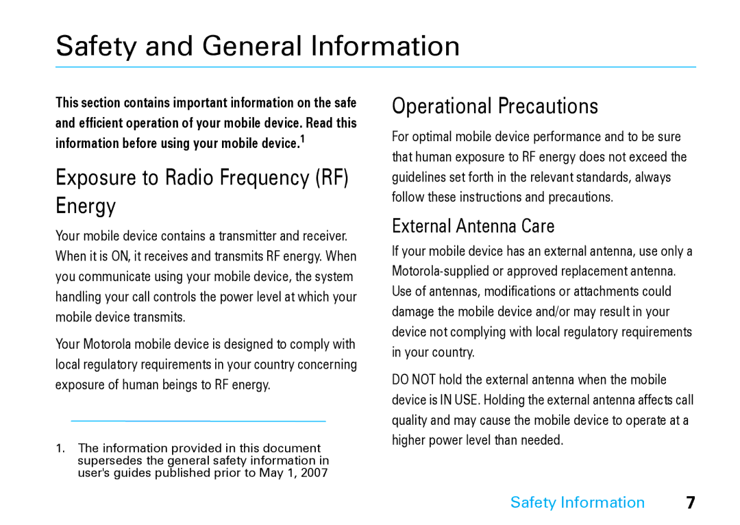 Motorola V8 Blue manual Safety and General Information, Safety Information 