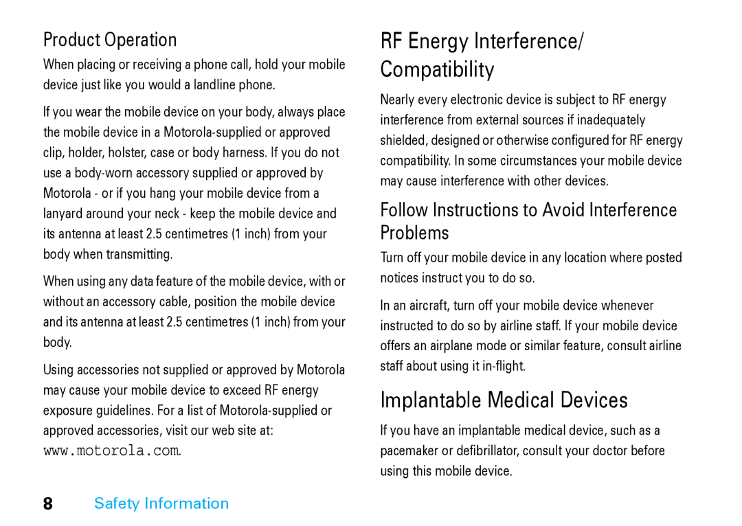 Motorola V8 Blue manual RF Energy Interference Compatibility 