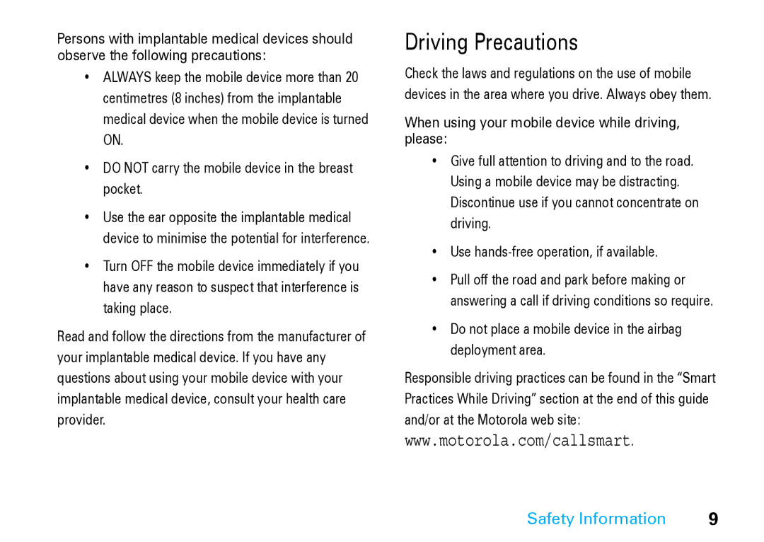 Motorola V8 Blue manual Driving Precautions, Do not place a mobile device in the airbag deployment area 