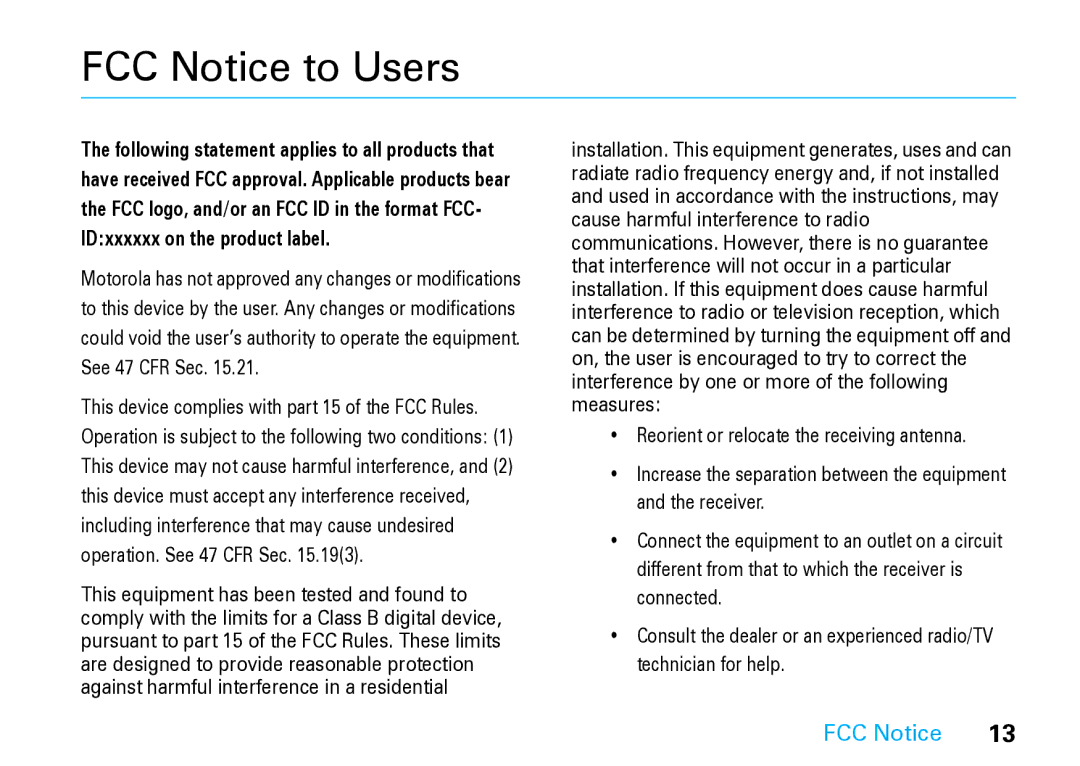 Motorola V8 Blue manual FCC Notice to Users 