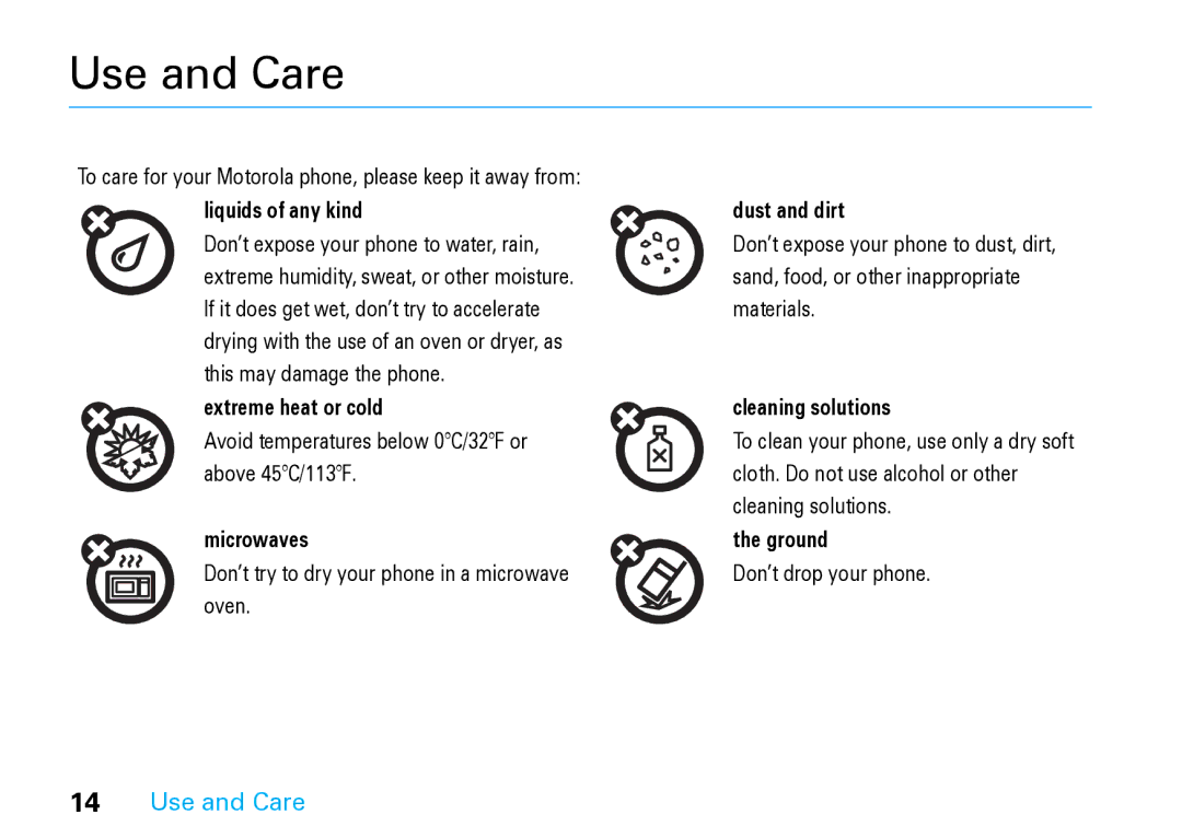 Motorola V8 Blue manual Use and Care 