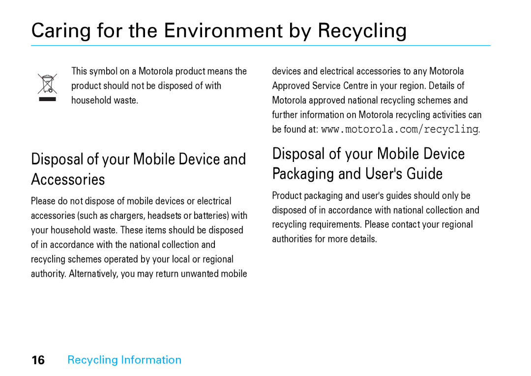 Motorola V8 Blue manual Caring for the Environment by Recycling, Recycling Information 