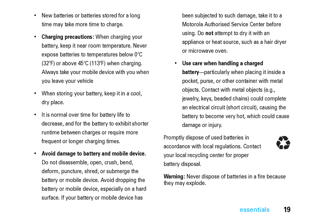 Motorola V8 Blue manual When storing your battery, keep it in a cool, dry place, Use care when handling a charged 