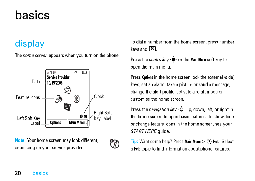 Motorola V8 Blue manual Basics, Display 