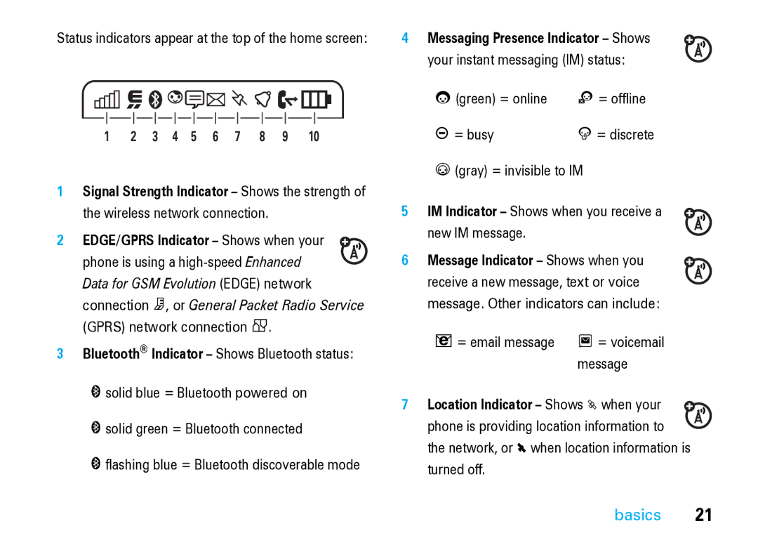 Motorola V8 Blue manual Messaging Presence Indicator Shows, IM Indicator Shows when you receive a new IM message 