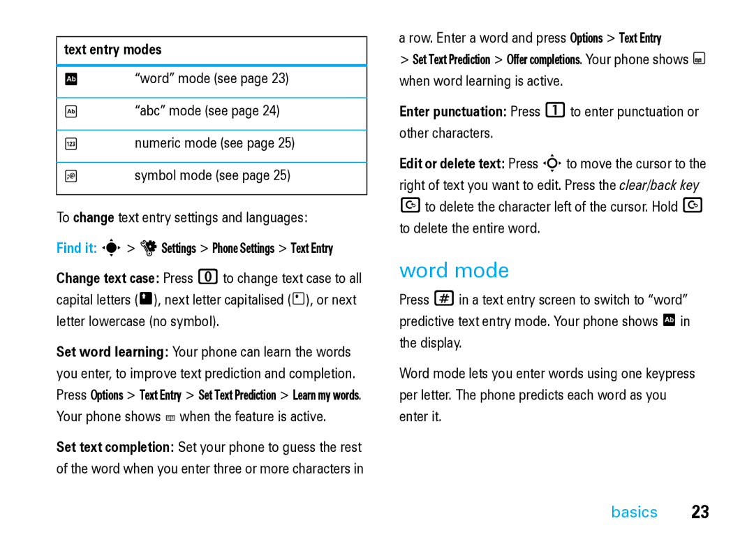 Motorola V8 Blue manual Word mode, Text entry modes 