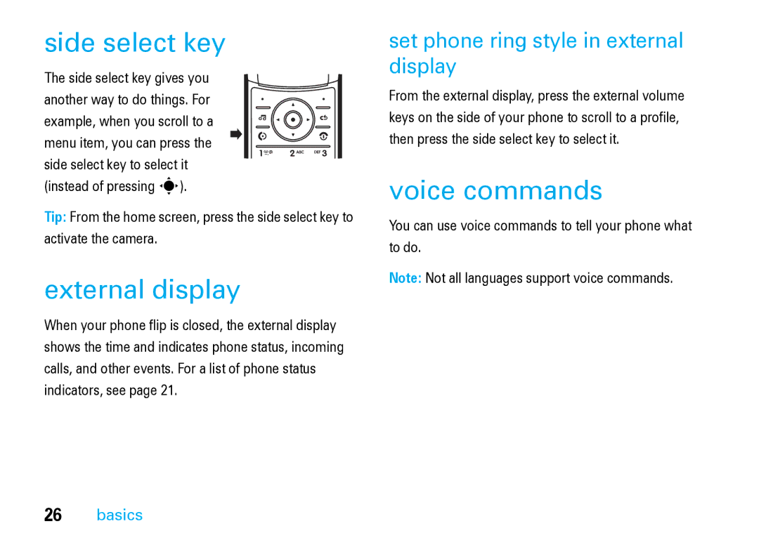 Motorola V8 Blue manual Side select key, External display, Voice commands, Set phone ring style in external display 