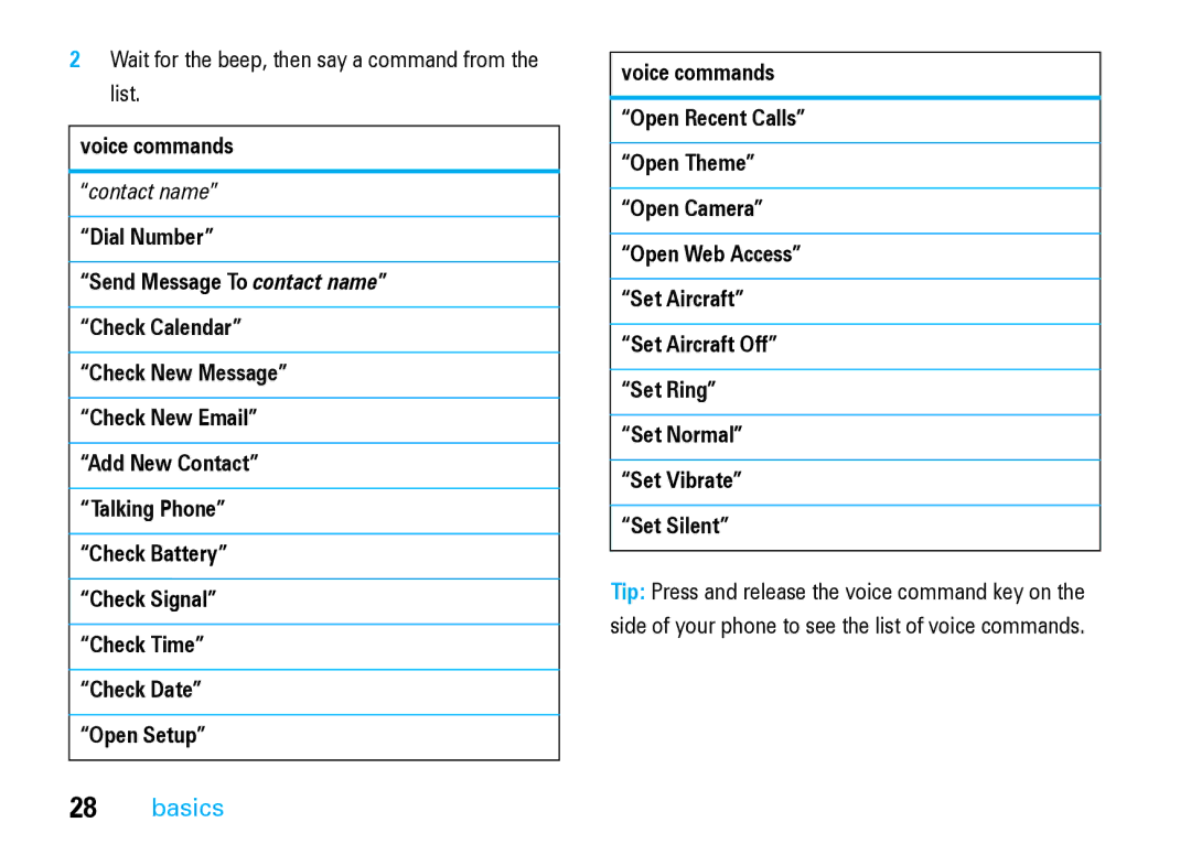 Motorola V8 Blue manual Wait for the beep, then say a command from the list, Voice commands 