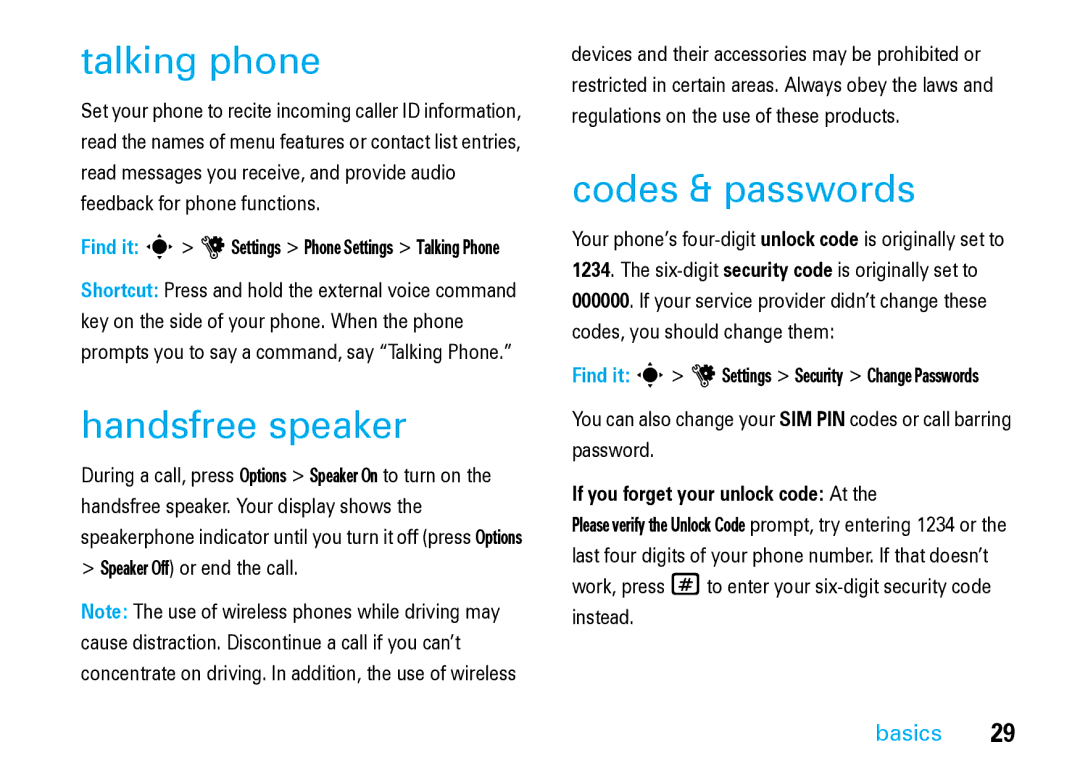Motorola V8 Blue manual Talking phone, Handsfree speaker, Codes & passwords, If you forget your unlock code At 