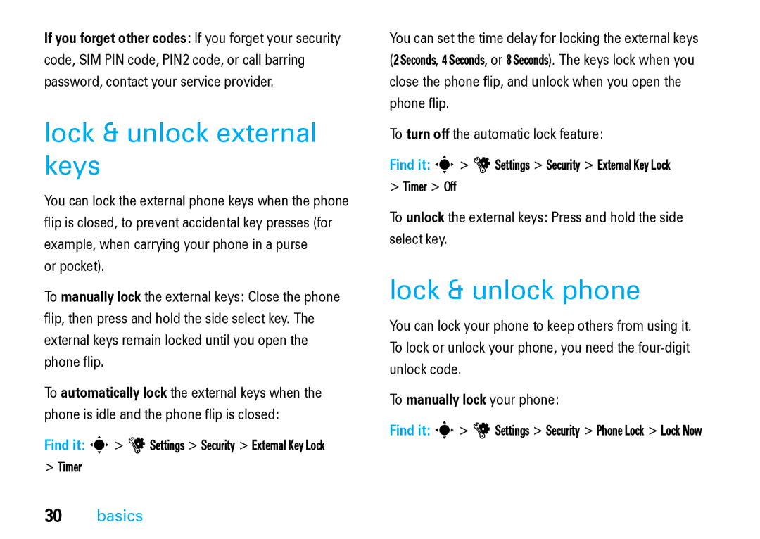 Motorola V8 Blue Lock & unlock external keys, Lock & unlock phone, Find it s uSettings Security External Key Lock Timer 