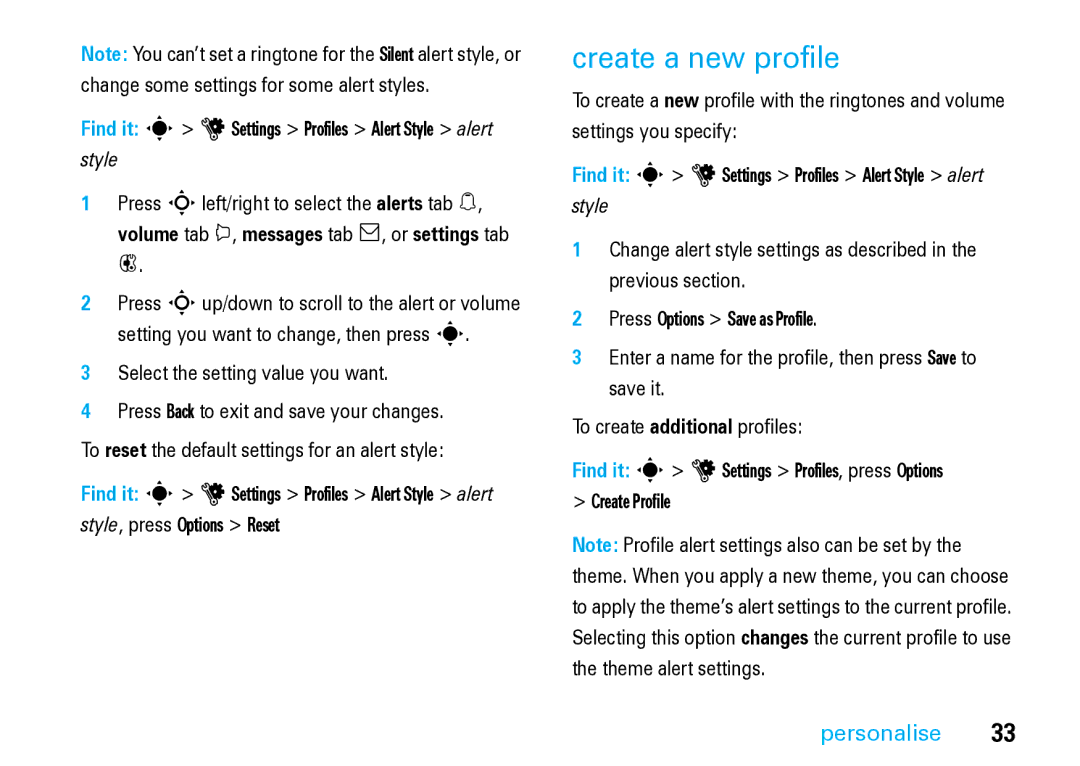 Motorola V8 Blue manual Create a new profile, Find it s uSettings Profiles Alert Style alert 