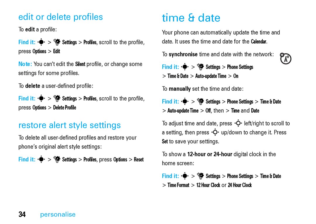 Motorola V8 Blue manual Time & date, Edit or delete profiles, Restore alert style settings 