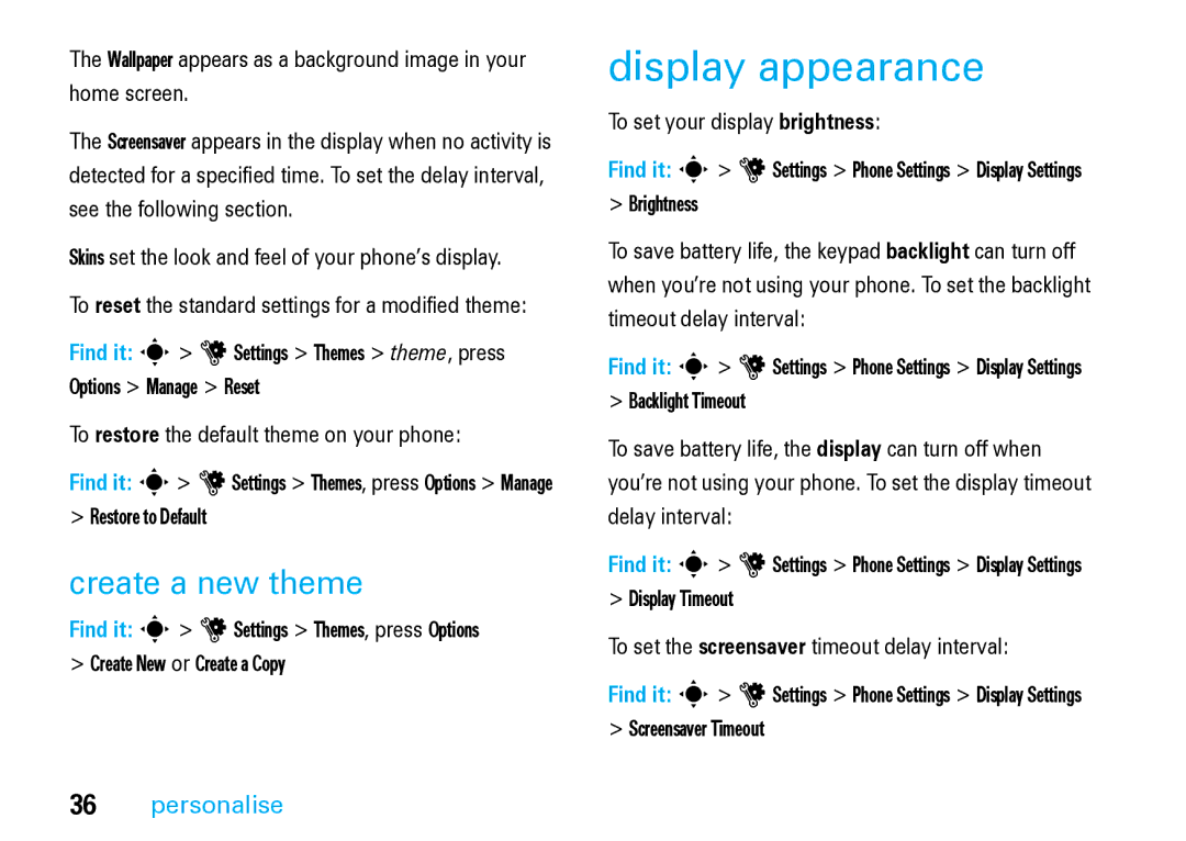 Motorola V8 Blue manual Display appearance, Create a new theme, Restore to Default, To set your display brightness 