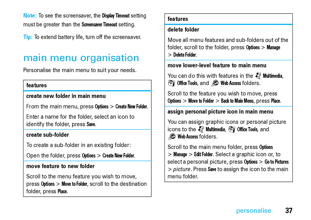 Motorola V8 Blue manual Features Create new folder in main menu, Create sub-folder, Move feature to new folder 