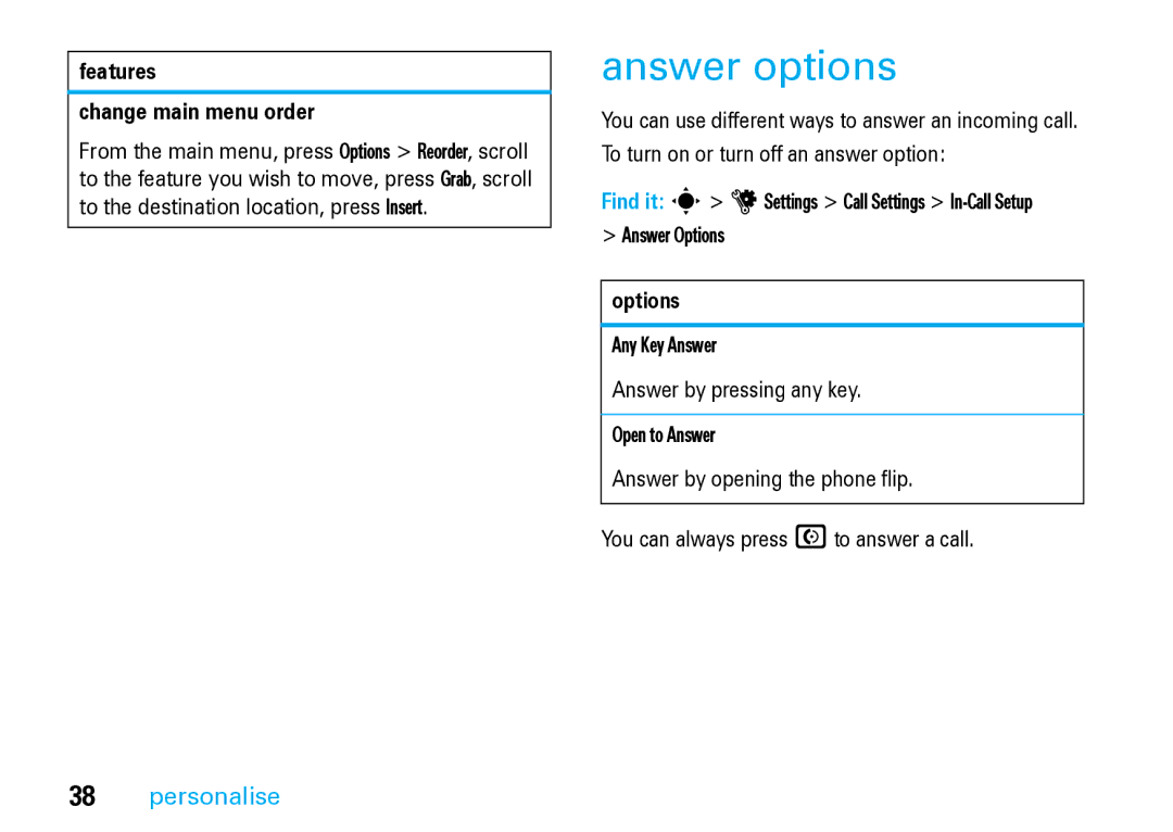 Motorola V8 Blue manual Answer options, Features Change main menu order, Options 