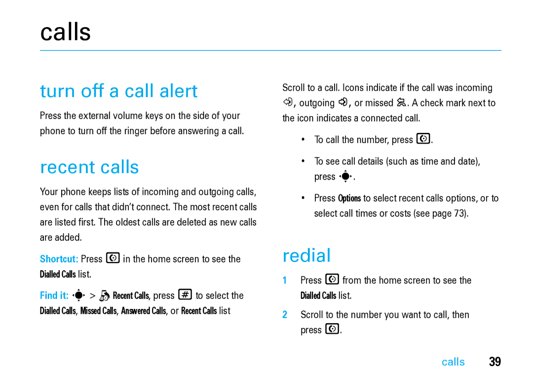 Motorola V8 Blue manual Calls, Turn off a call alert, Recent calls, Redial 