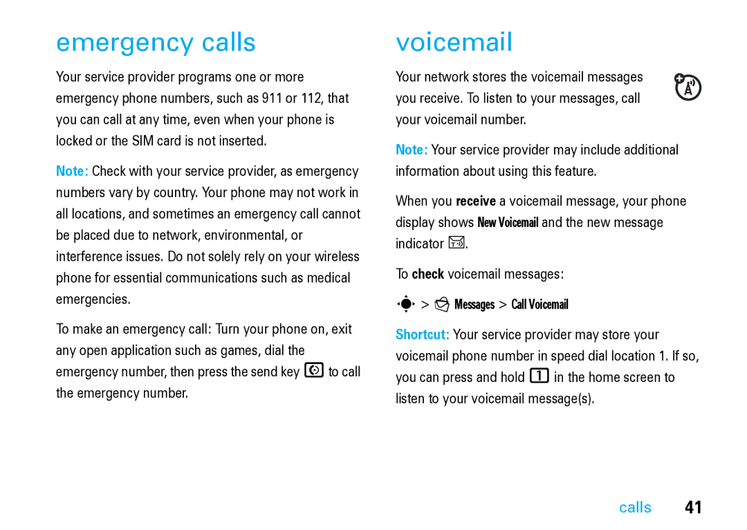 Motorola V8 Blue manual Emergency calls, Voicemail 