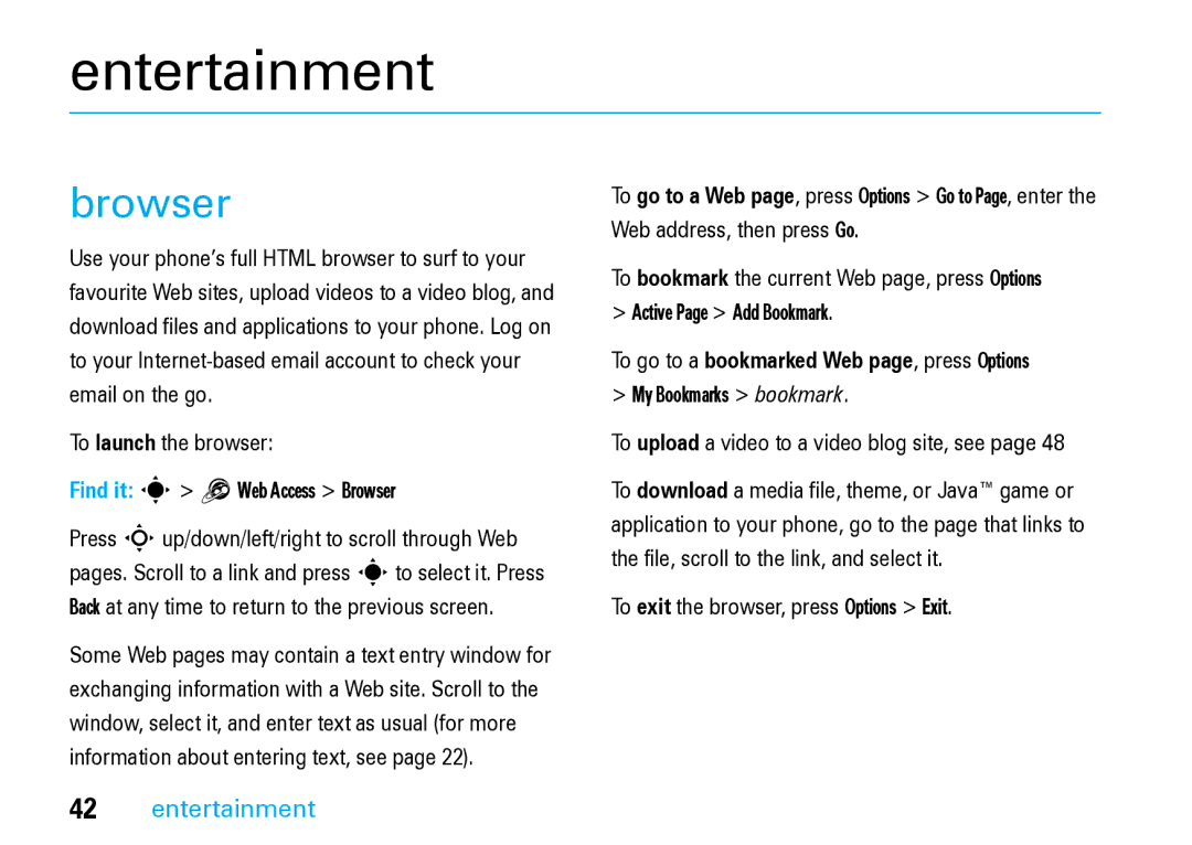 Motorola V8 Blue manual Entertainment, Browser, To exit the browser, press Options Exit 