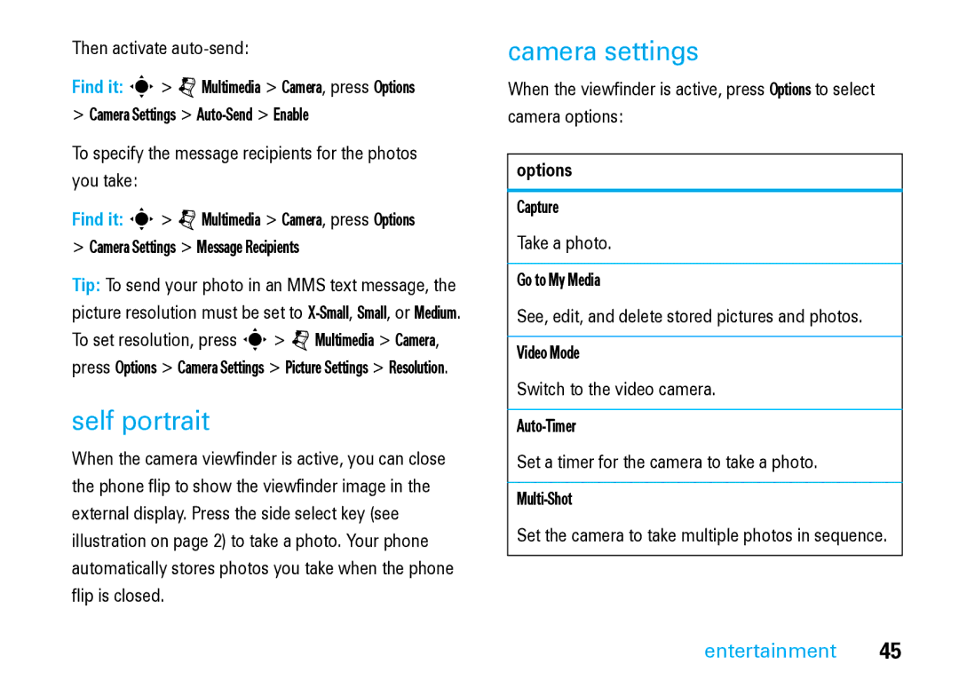 Motorola V8 Blue manual Self portrait, Camera settings 