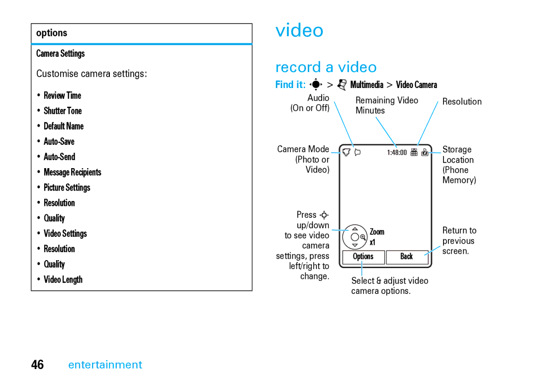 Motorola V8 Blue manual Video, Record a video 