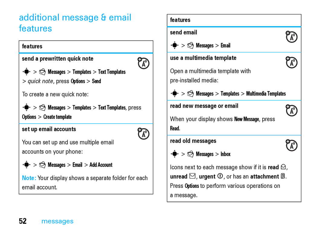 Motorola V8 Blue manual Additional message & email features 