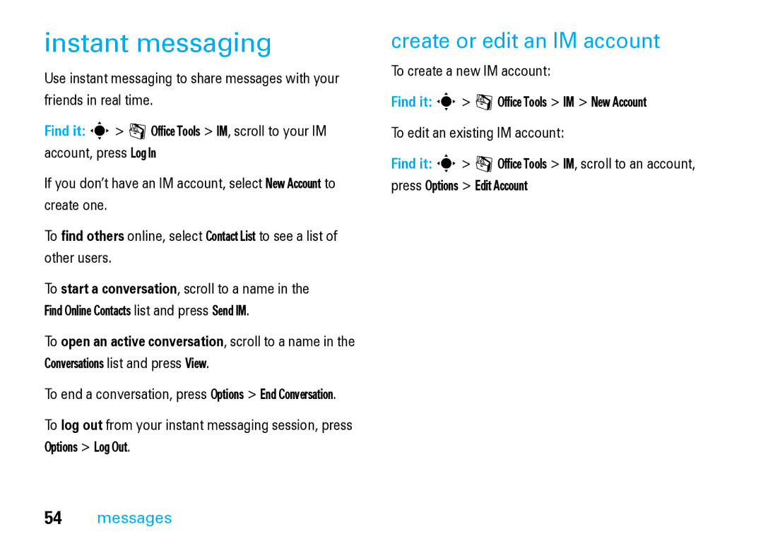 Motorola V8 Blue manual Instant messaging, Create or edit an IM account 