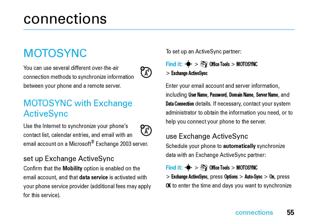 Motorola V8 Blue manual Connections, Motosync with Exchange ActiveSync 